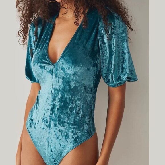 Intimately By Free People Tops - Free People Don't You Wish Thong Bodysuit Medium Deep Teal Crushed Velvet